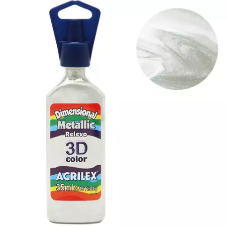 Tinta Dimensional Relevo 3D - Metallic - Acrilex - 35 ml - Branco Metálico