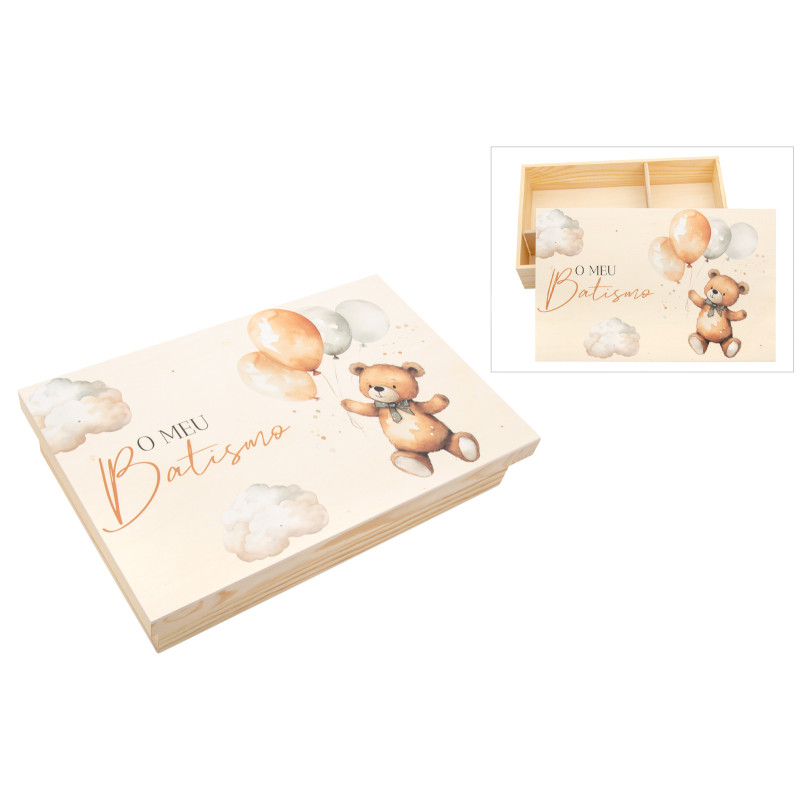 Caixa para Batizado em Pinho - Ursinho com Balões
