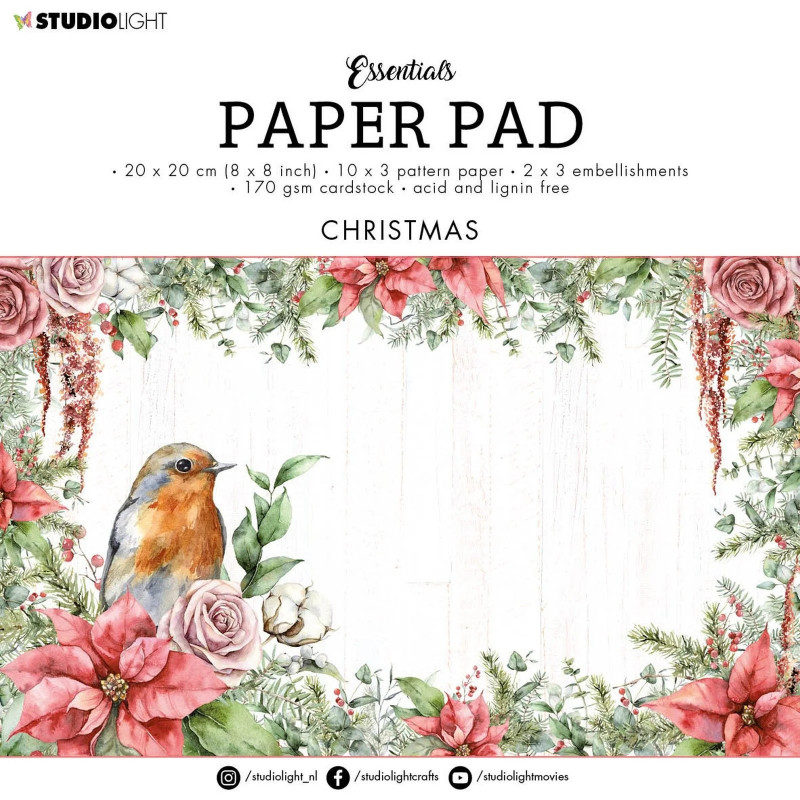 Bloco Papel Scrapbook - Snowy Christmas Essentials - Studio Light - 20x20cm