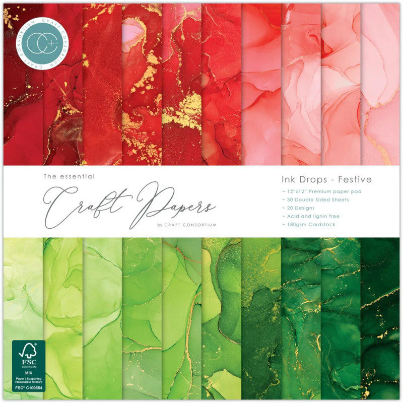 Bloco Papel Scrapbook - Ink Drops Festive - Craft Consortium - 30x30cm