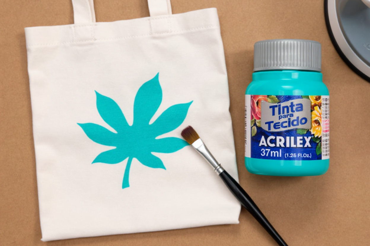 Pintura de saco de pano com stencil e tinta Acrilex.